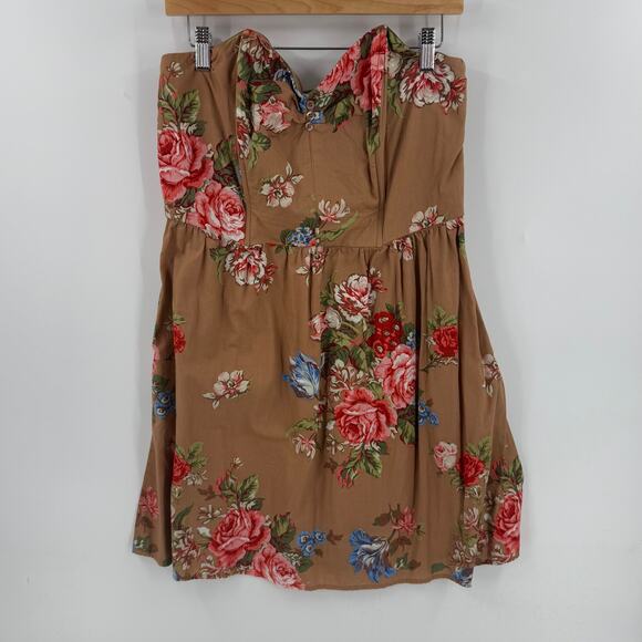 Y2K Strapless Sweetheart Tube Dress Brown Floral Mini Boho Cottagecore Size XL - Picture 10 of 11